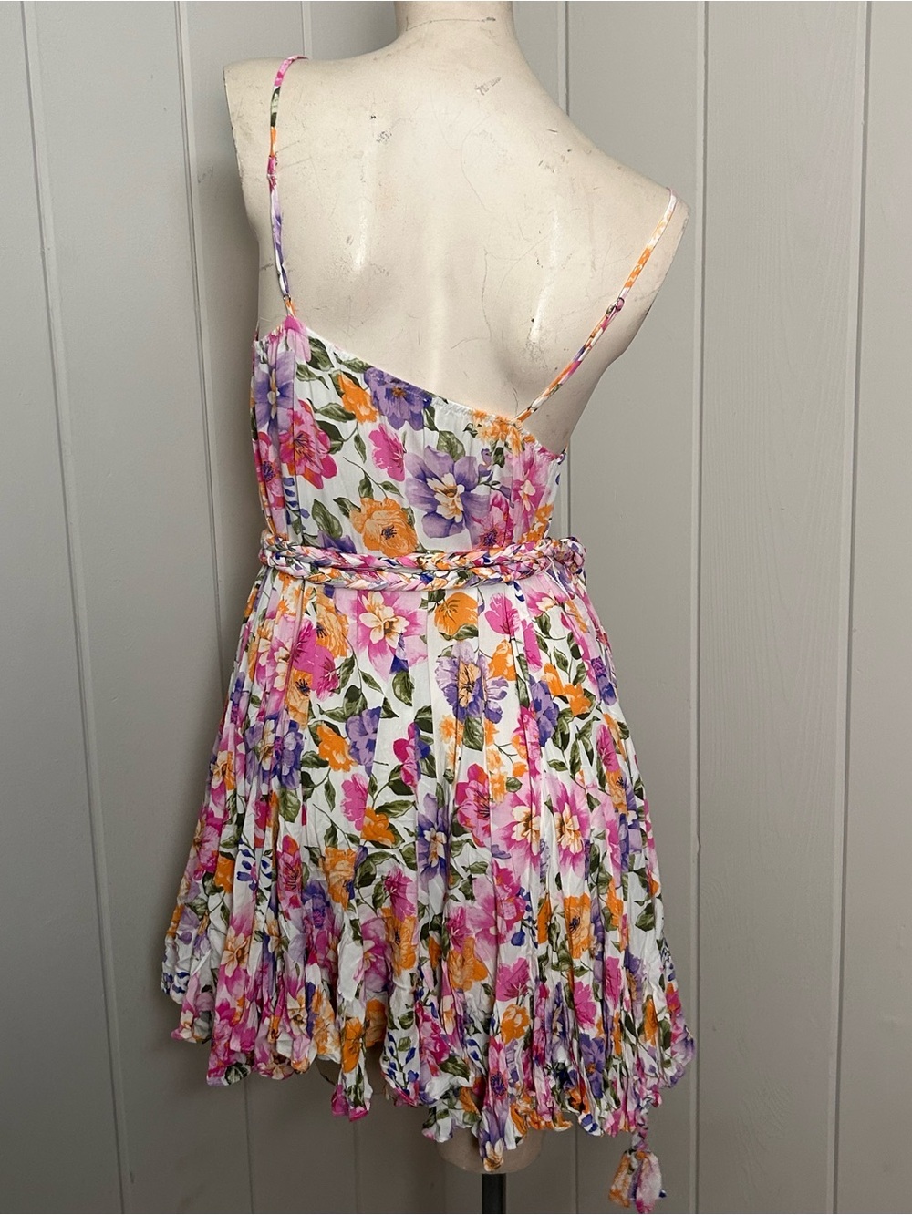 STORIA Floral Mini Dress Small Braided Belt Boho Cottagecore Sundress - Picture 7 of 12